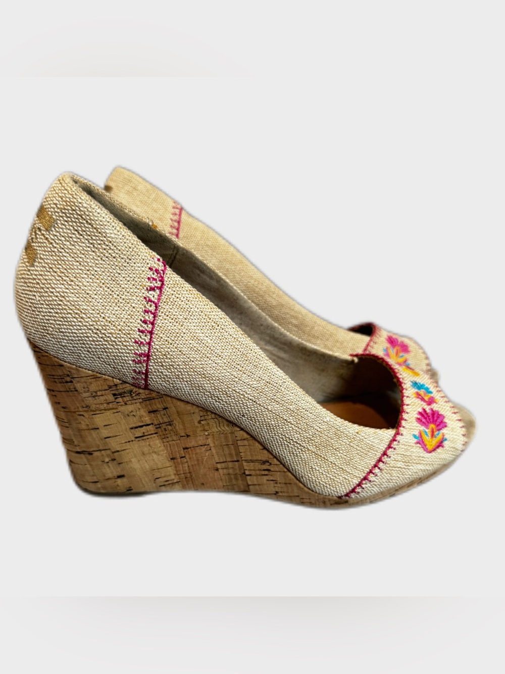 TOMS Embroidered Peep Toe Cork Wedges - Floral Canvas Slip On, Size 9.5